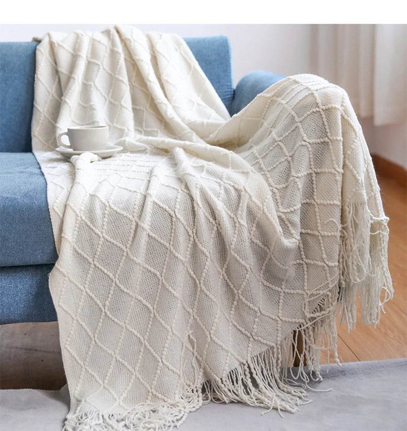 Nordic style knitted sofa throw with fringes