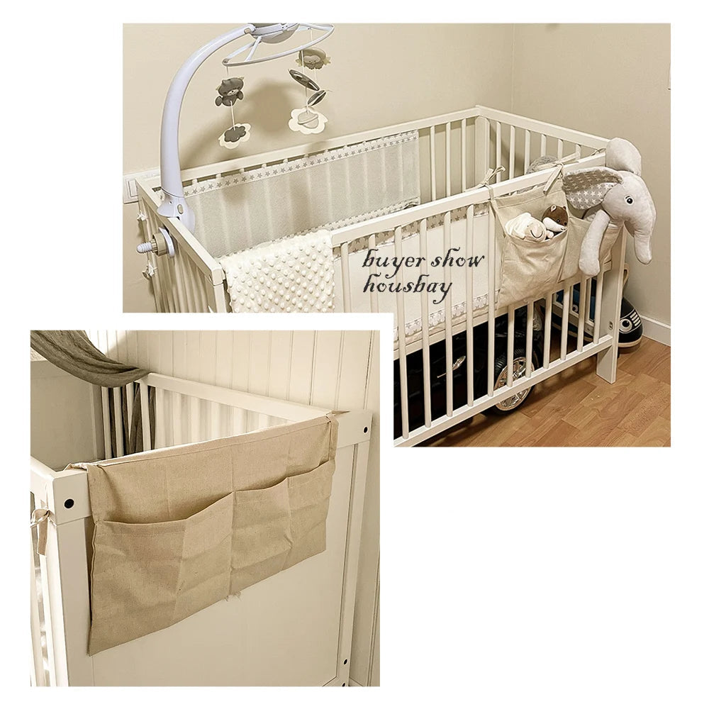 Sac de rangement suspendu en lin naturel pour lit bébé