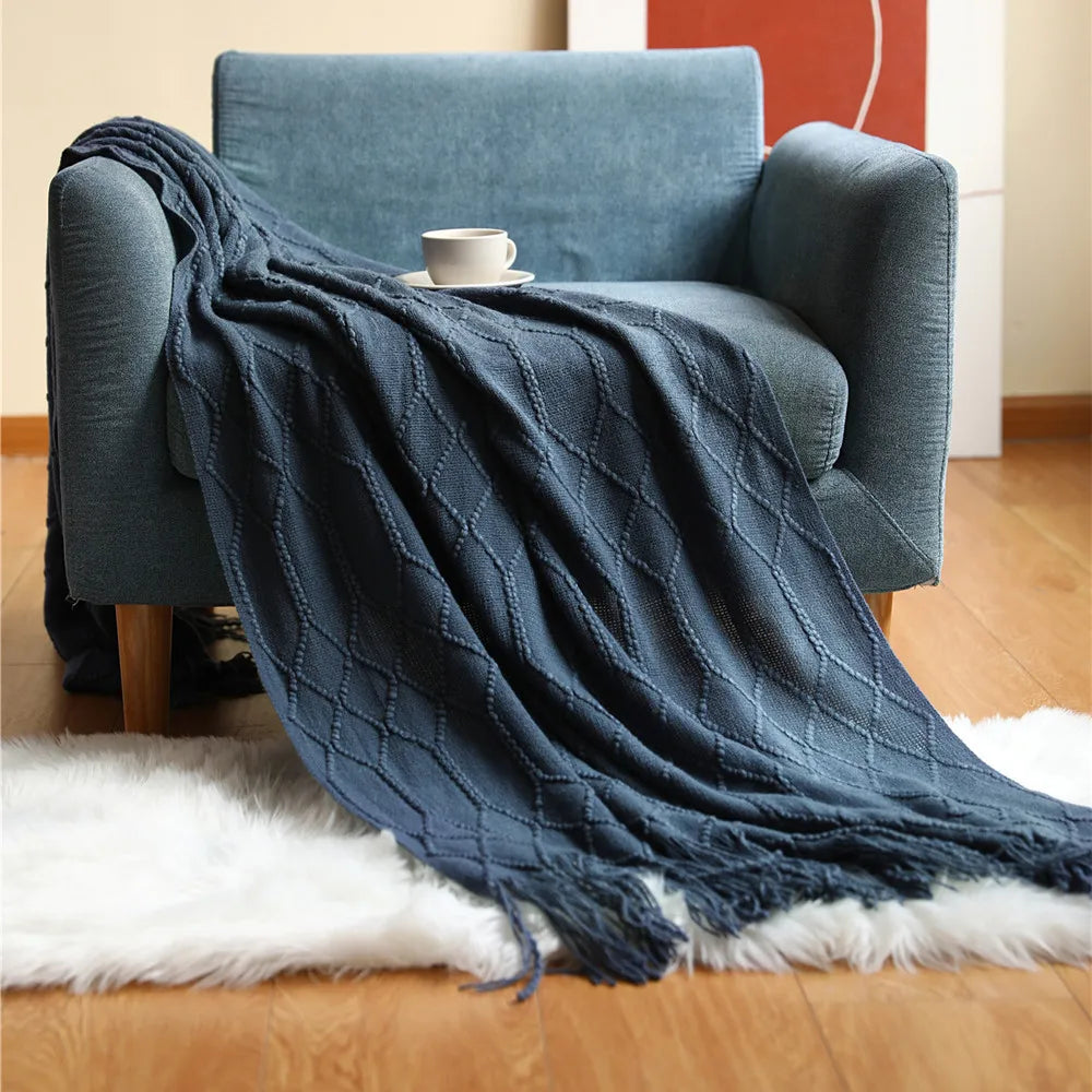Nordic style knitted sofa throw with fringes