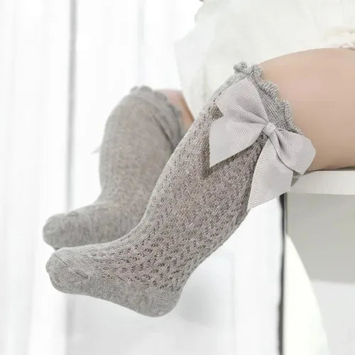 Chaussettes hautes pour bébé fille en coton, nœud et dentelle – 0 à 24 mois