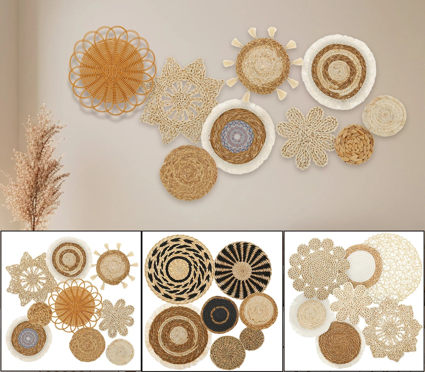 Décorations murales rondes bohèmes en fibres naturelles – lot de 7-9