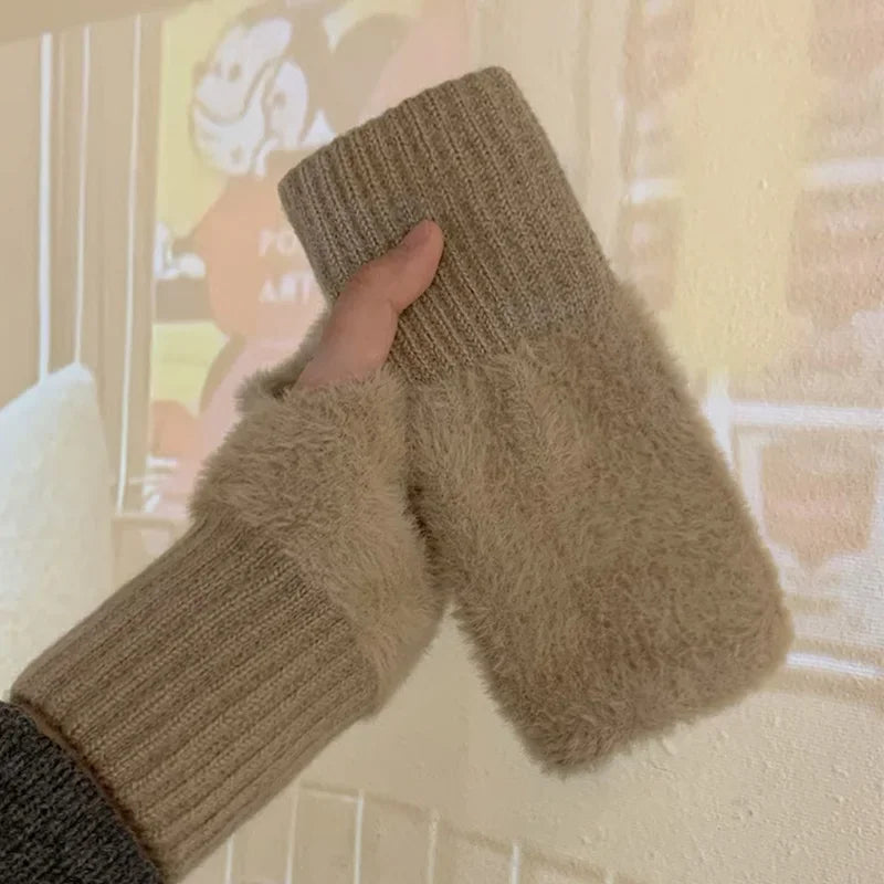 Mink fleece half-finger gloves