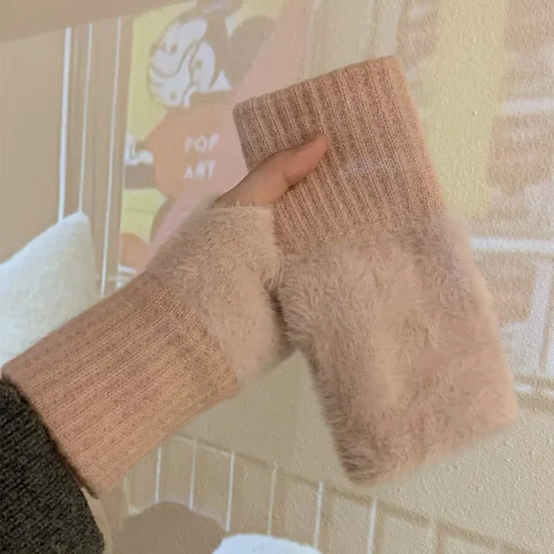 Mink fleece half-finger gloves