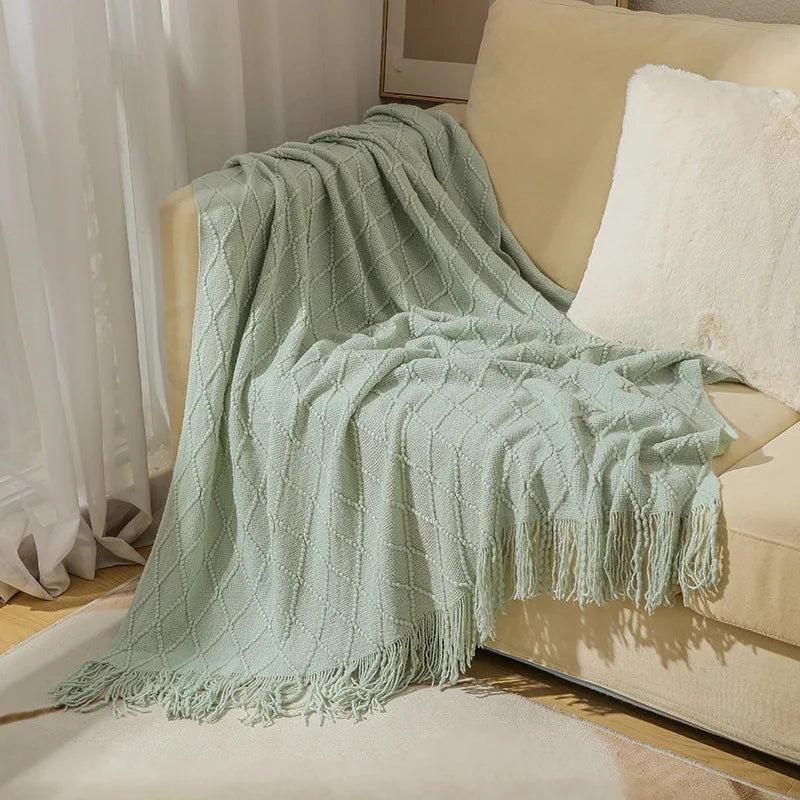 Nordic style knitted sofa throw with fringes