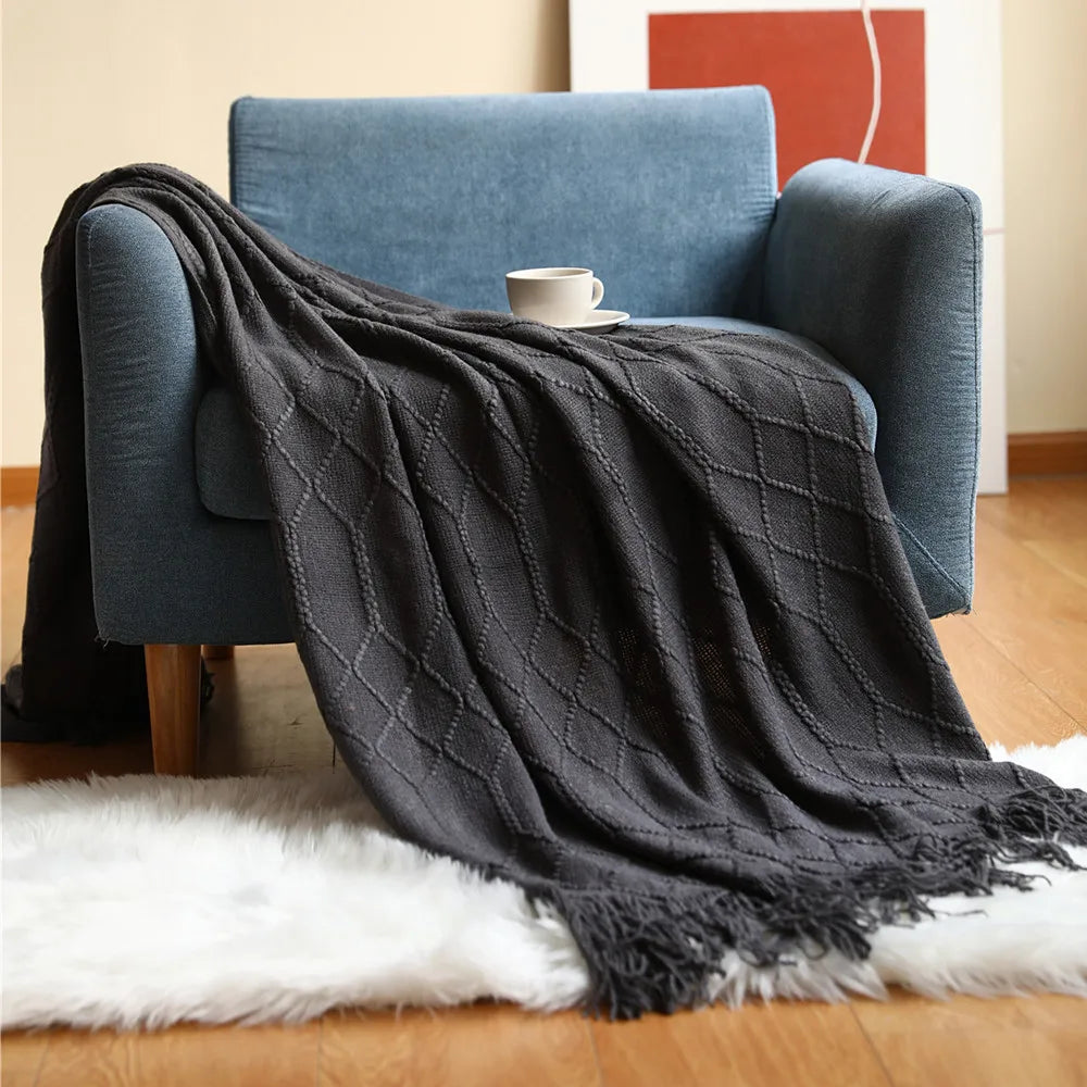 Nordic style knitted sofa throw with fringes