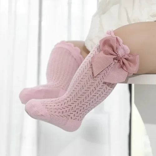 Chaussettes hautes pour bébé fille en coton, nœud et dentelle – 0 à 24 mois