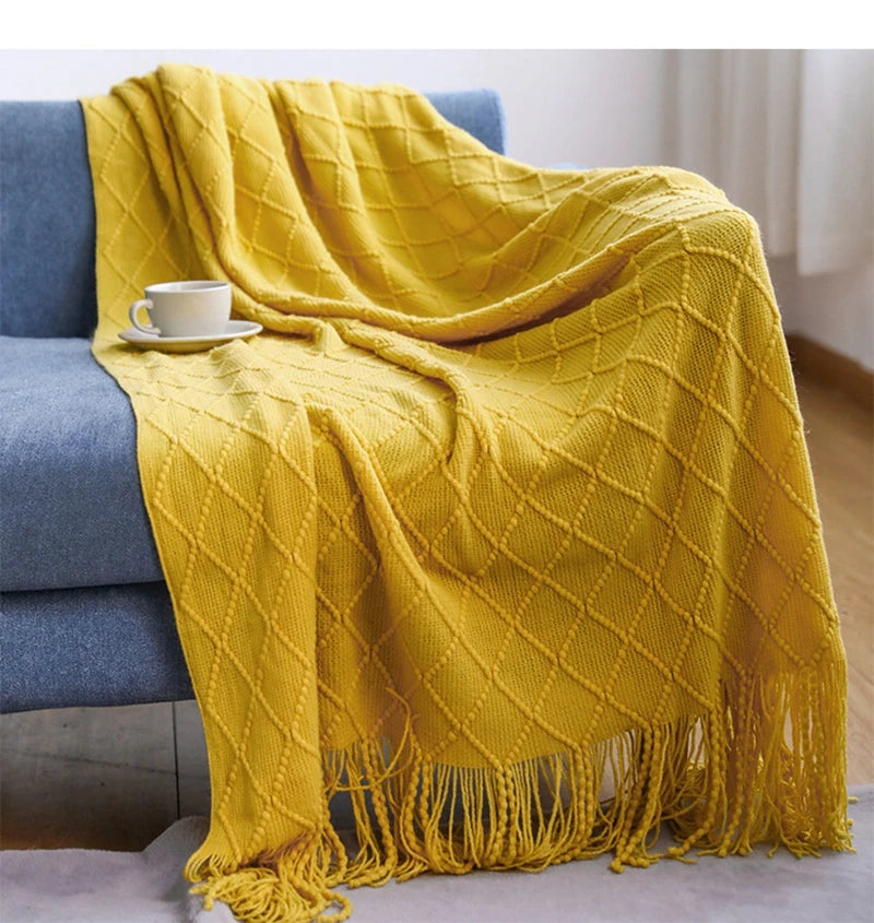 Nordic style knitted sofa throw with fringes