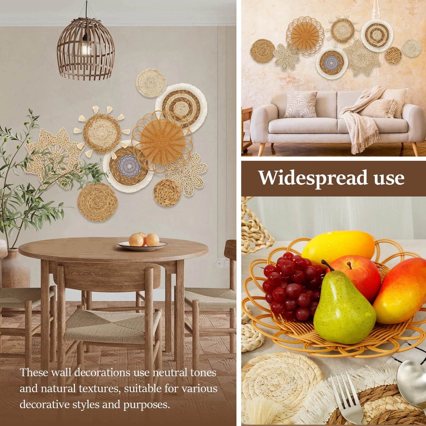 Décorations murales rondes bohèmes en fibres naturelles – lot de 7-9