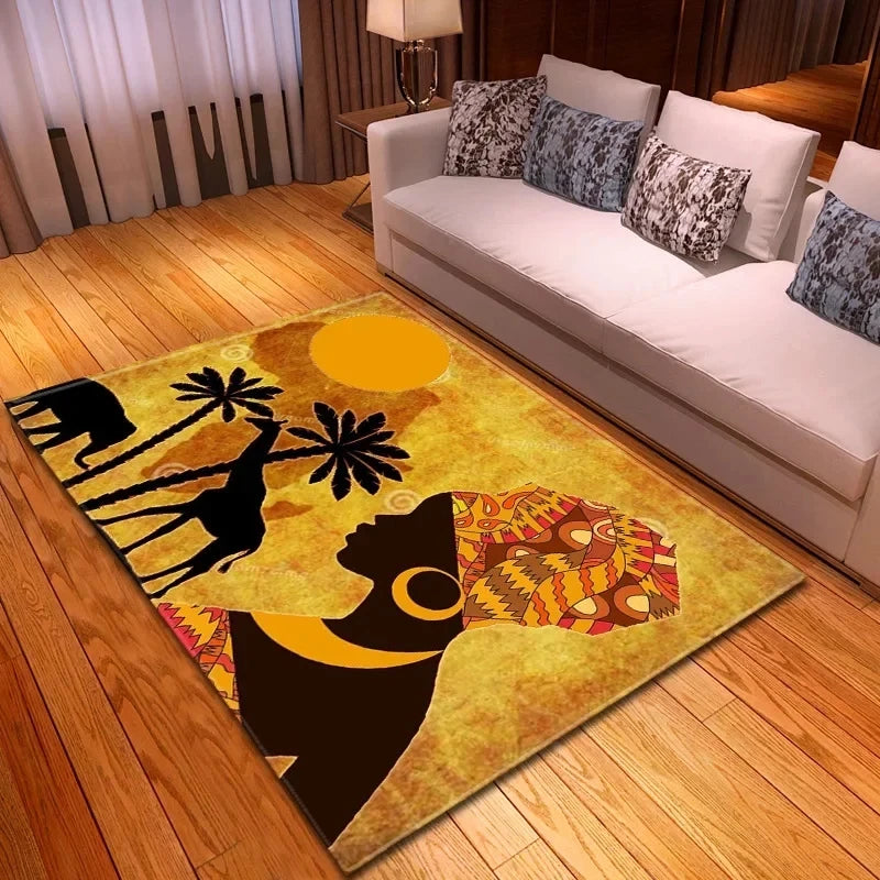 Ethnic bohemian rug with African woman pattern