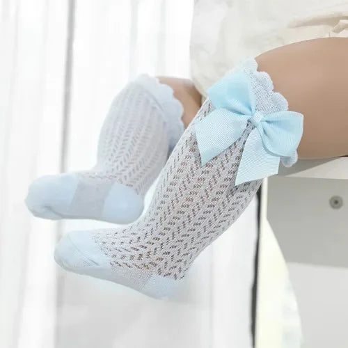Chaussettes hautes pour bébé fille en coton, nœud et dentelle – 0 à 24 mois