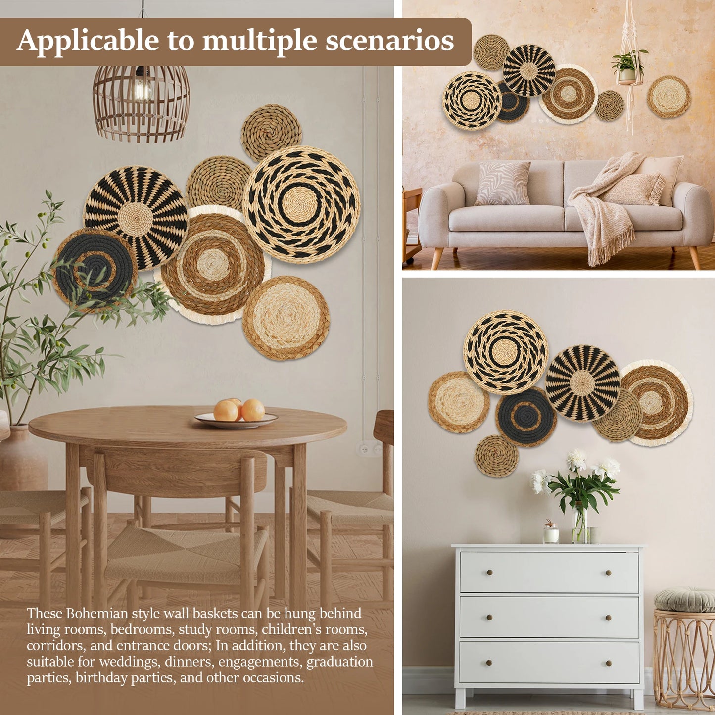 Décorations murales rondes bohèmes en fibres naturelles – lot de 7-9