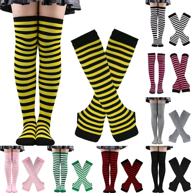 High socks and long mittens, plain or striped