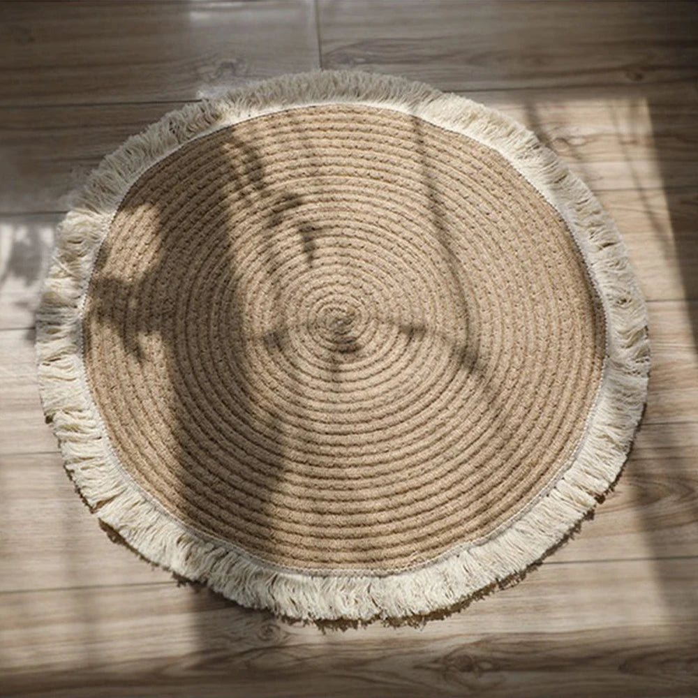 Round woven cotton rug with fringes, Nordic vintage style