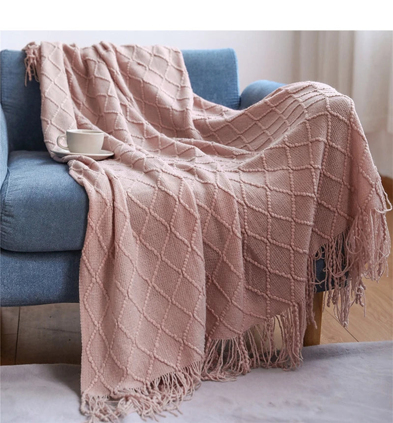 Nordic style knitted sofa throw with fringes