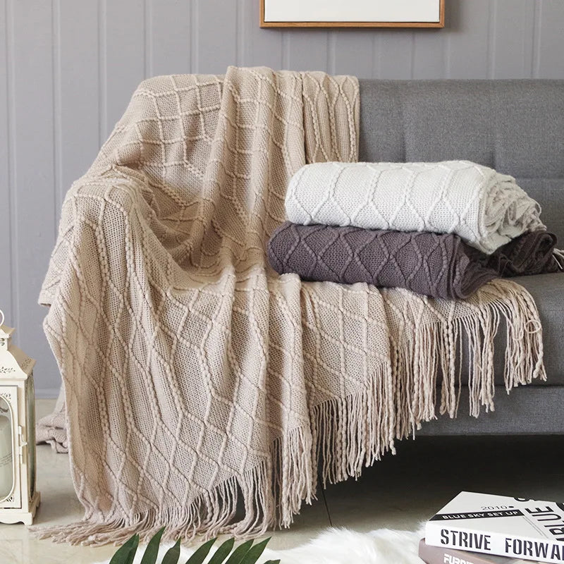 Nordic style knitted sofa throw with fringes