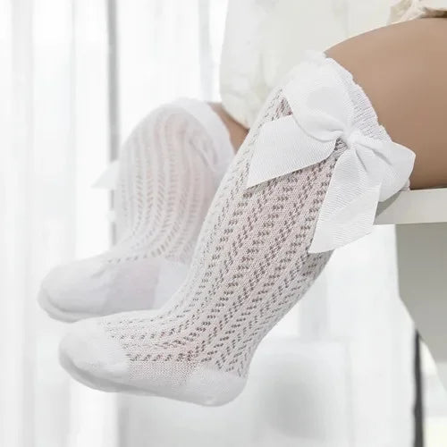 Chaussettes hautes pour bébé fille en coton, nœud et dentelle – 0 à 24 mois