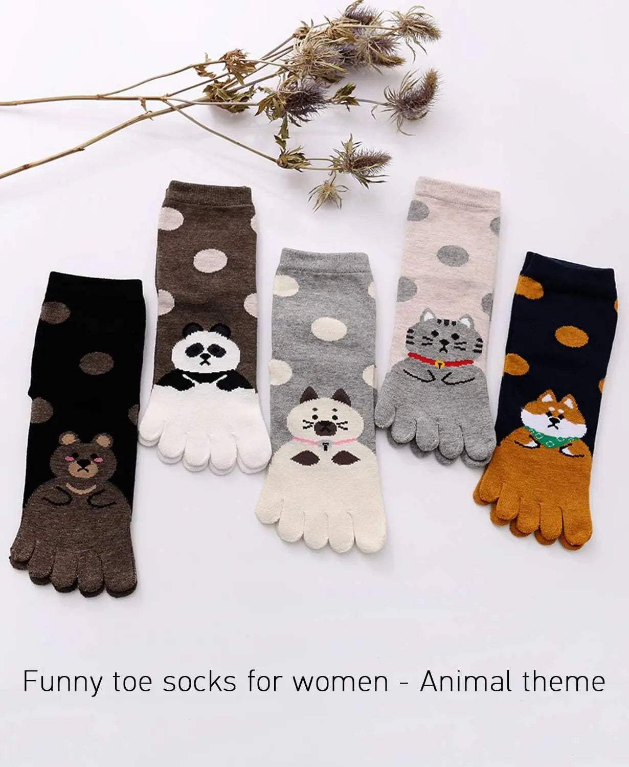 5-toe socks - animal patterns - cotton - Pack of 5 pairs