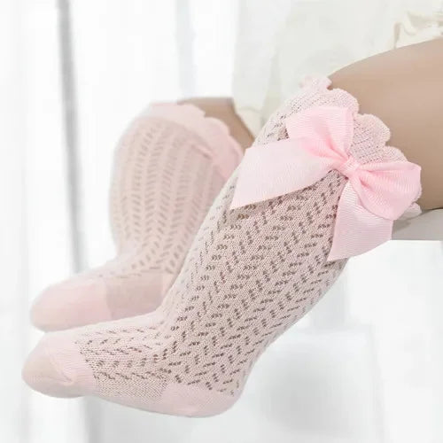 Chaussettes hautes pour bébé fille en coton, nœud et dentelle – 0 à 24 mois