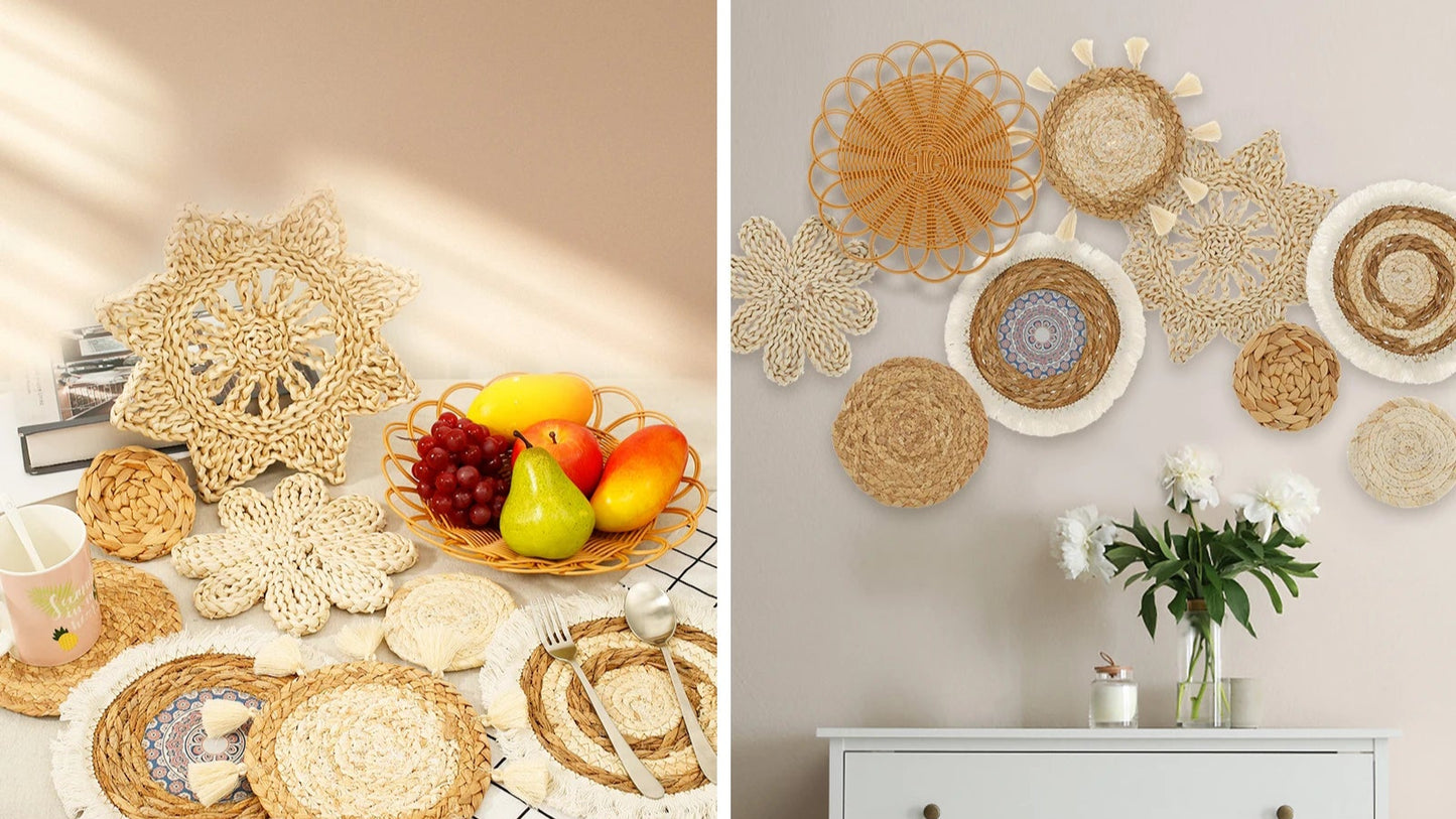 Décorations murales rondes bohèmes en fibres naturelles – lot de 7-9