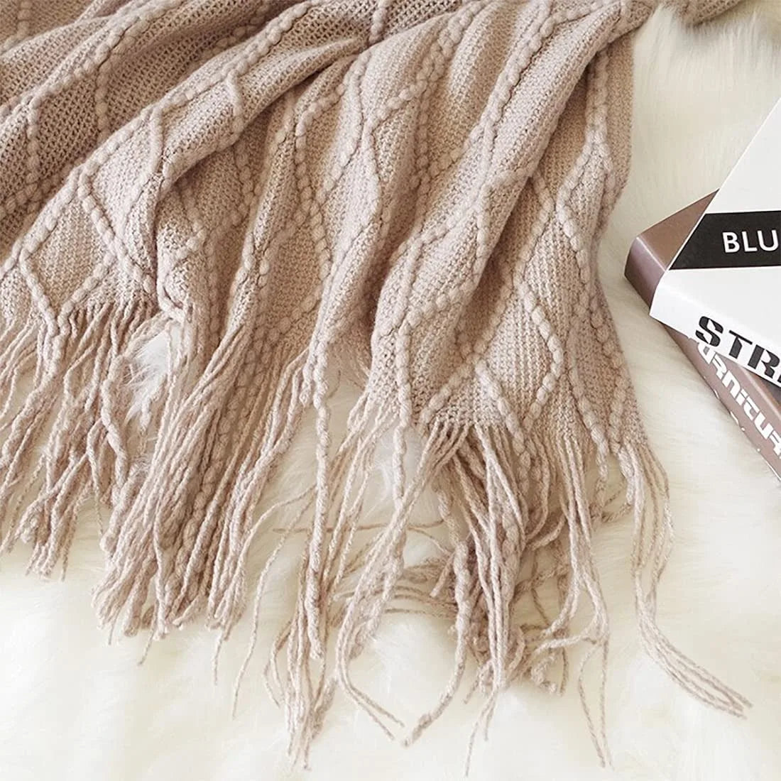Nordic style knitted sofa throw with fringes