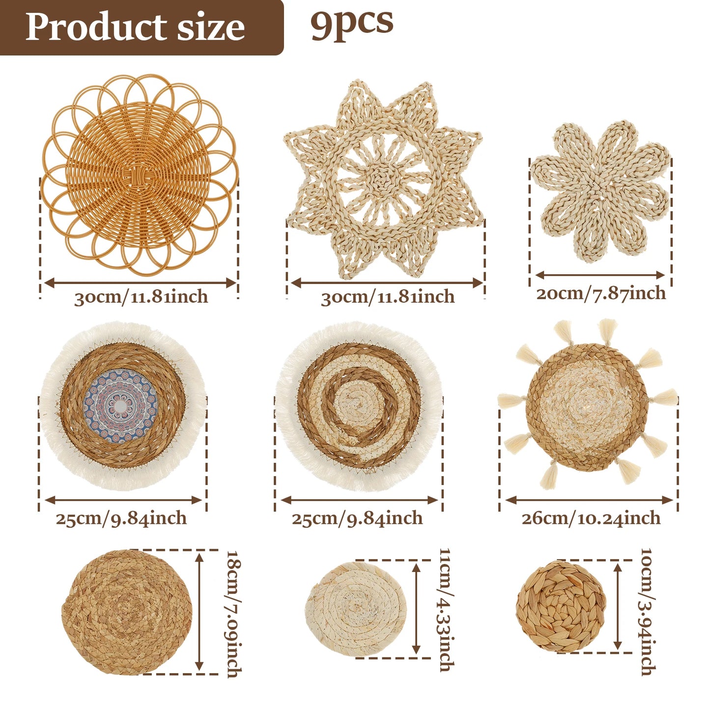 Décorations murales rondes bohèmes en fibres naturelles – lot de 7-9