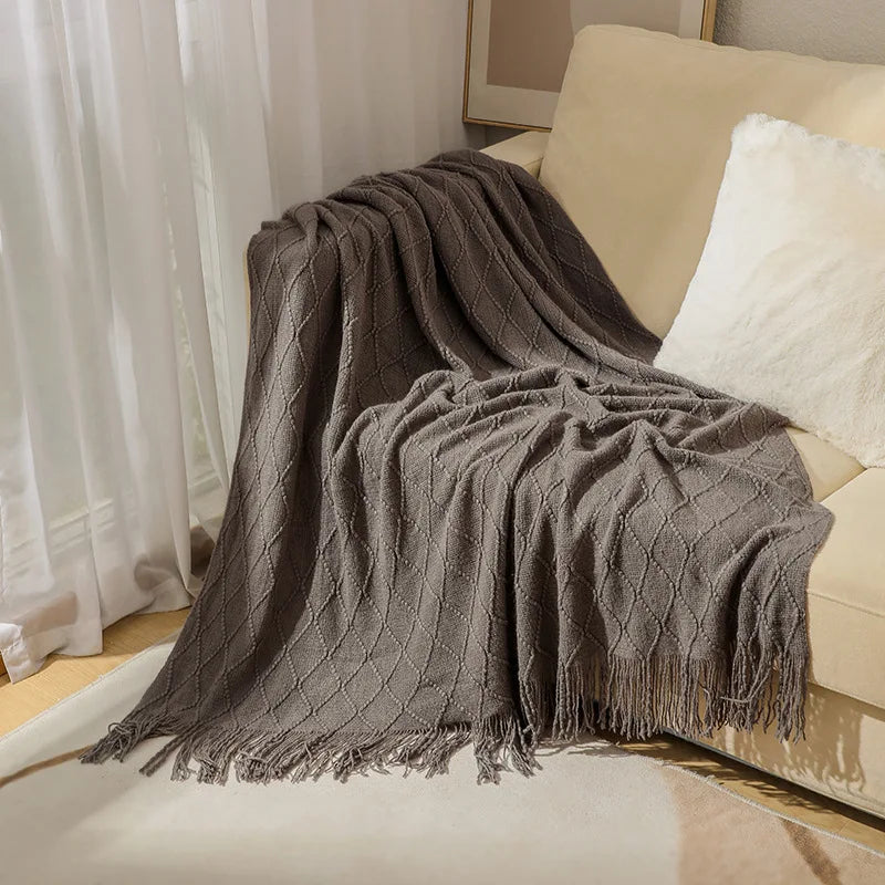 Nordic style knitted sofa throw with fringes
