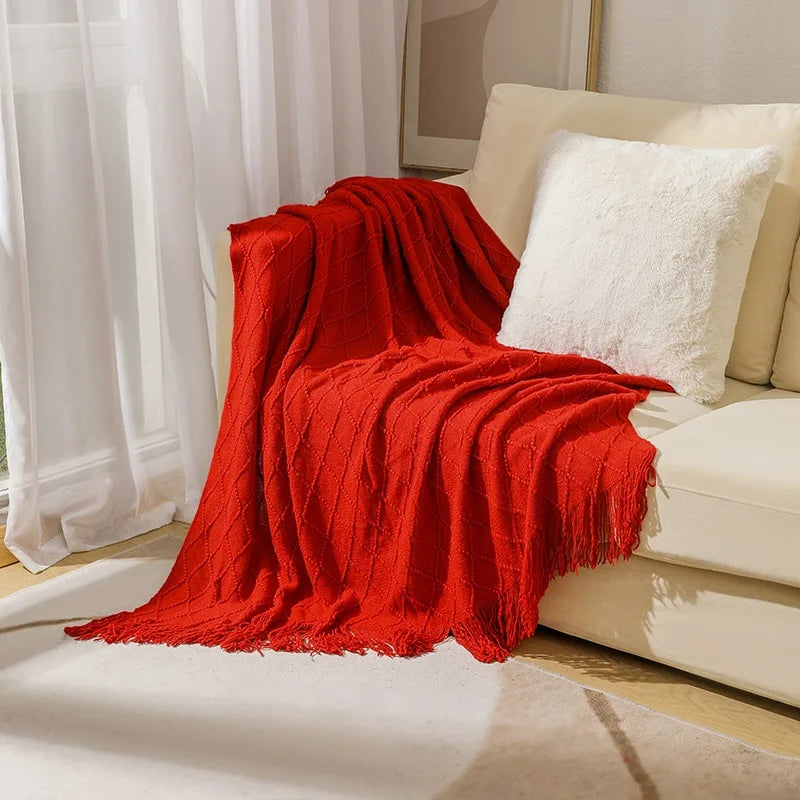 Nordic style knitted sofa throw with fringes