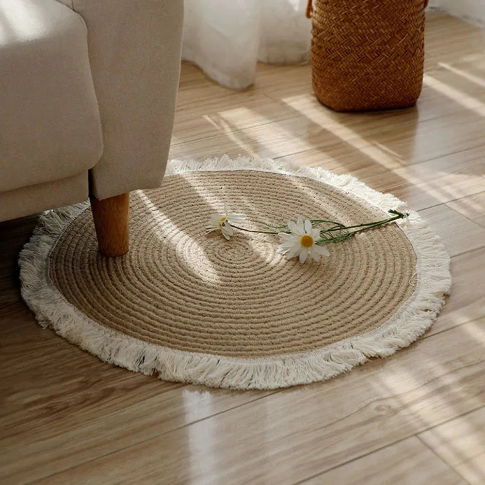 Round woven cotton rug with fringes, Nordic vintage style