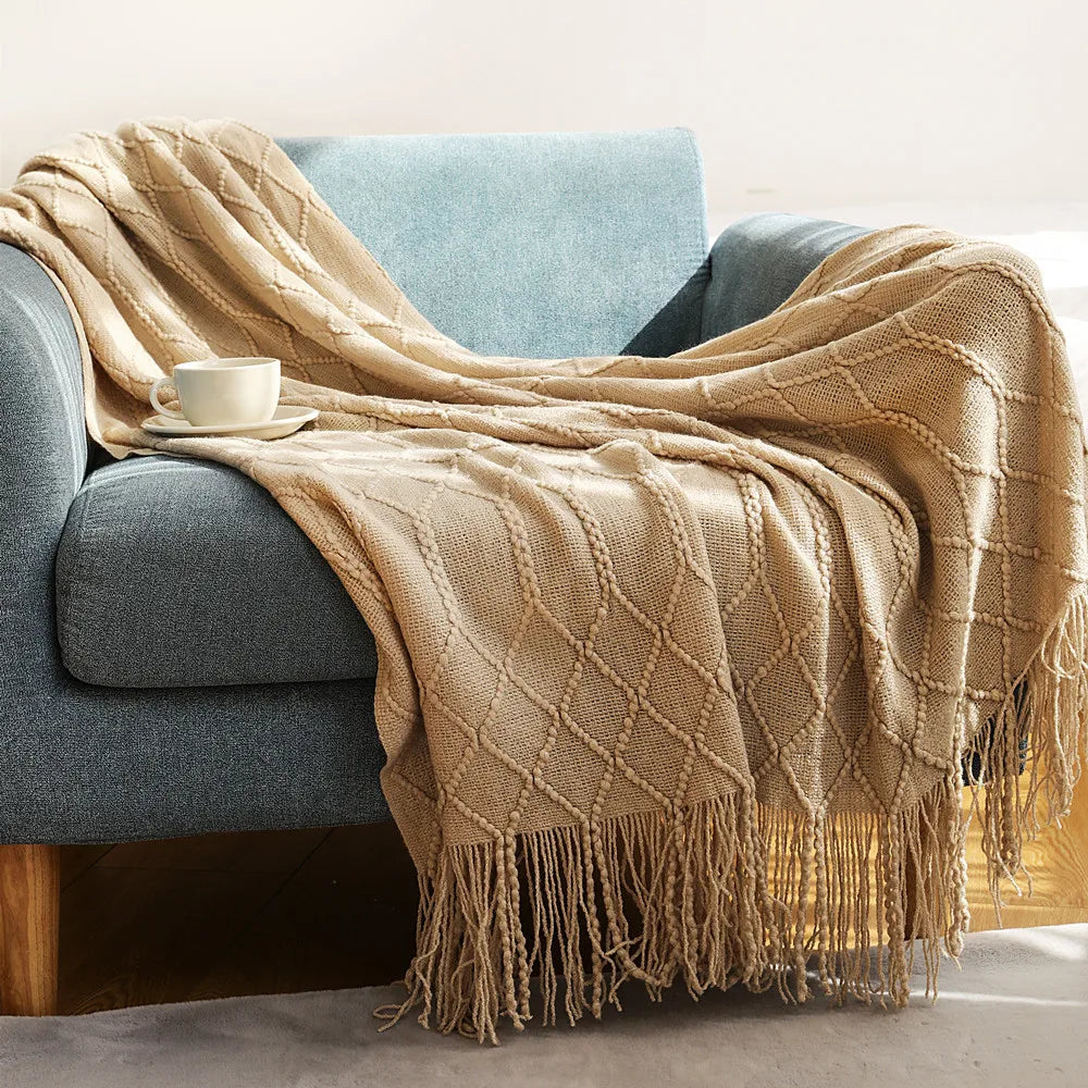 Nordic style knitted sofa throw with fringes