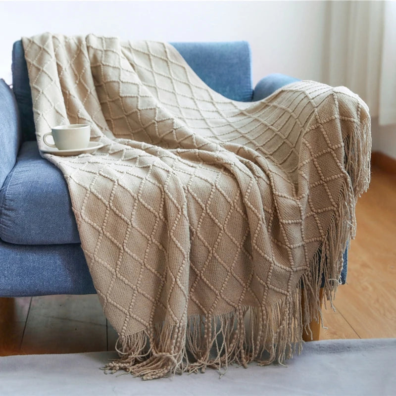 Nordic style knitted sofa throw with fringes