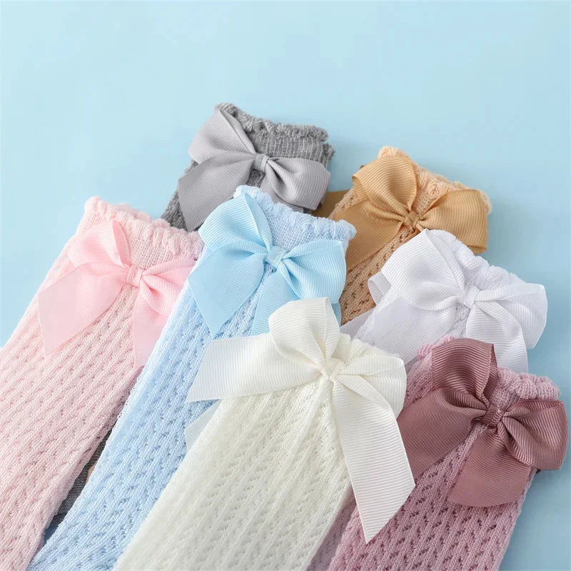 Chaussettes hautes pour bébé fille en coton, nœud et dentelle – 0 à 24 mois