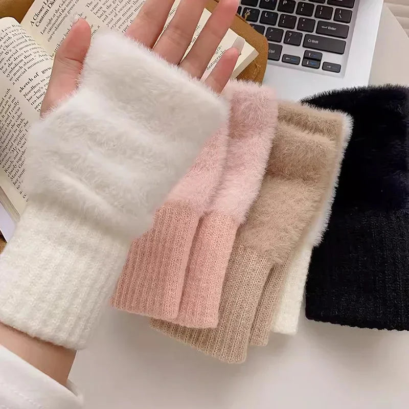 Mink fleece half-finger gloves