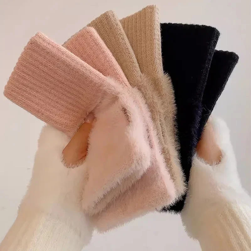 Mink fleece half-finger gloves