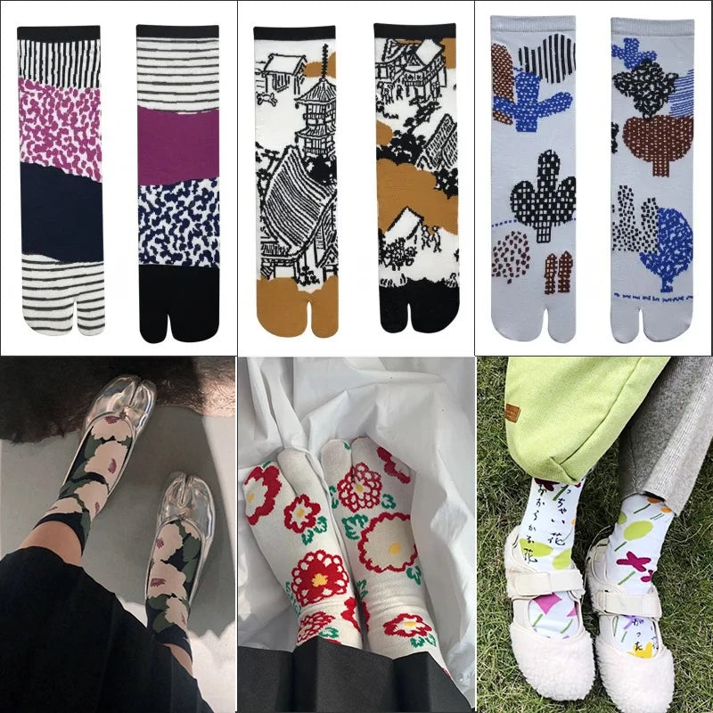 Japanese cotton mid-calf socks with two toes and cute patterns
