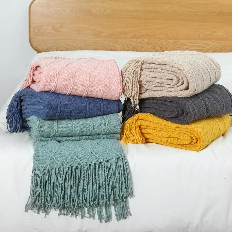 Nordic style knitted sofa throw with fringes