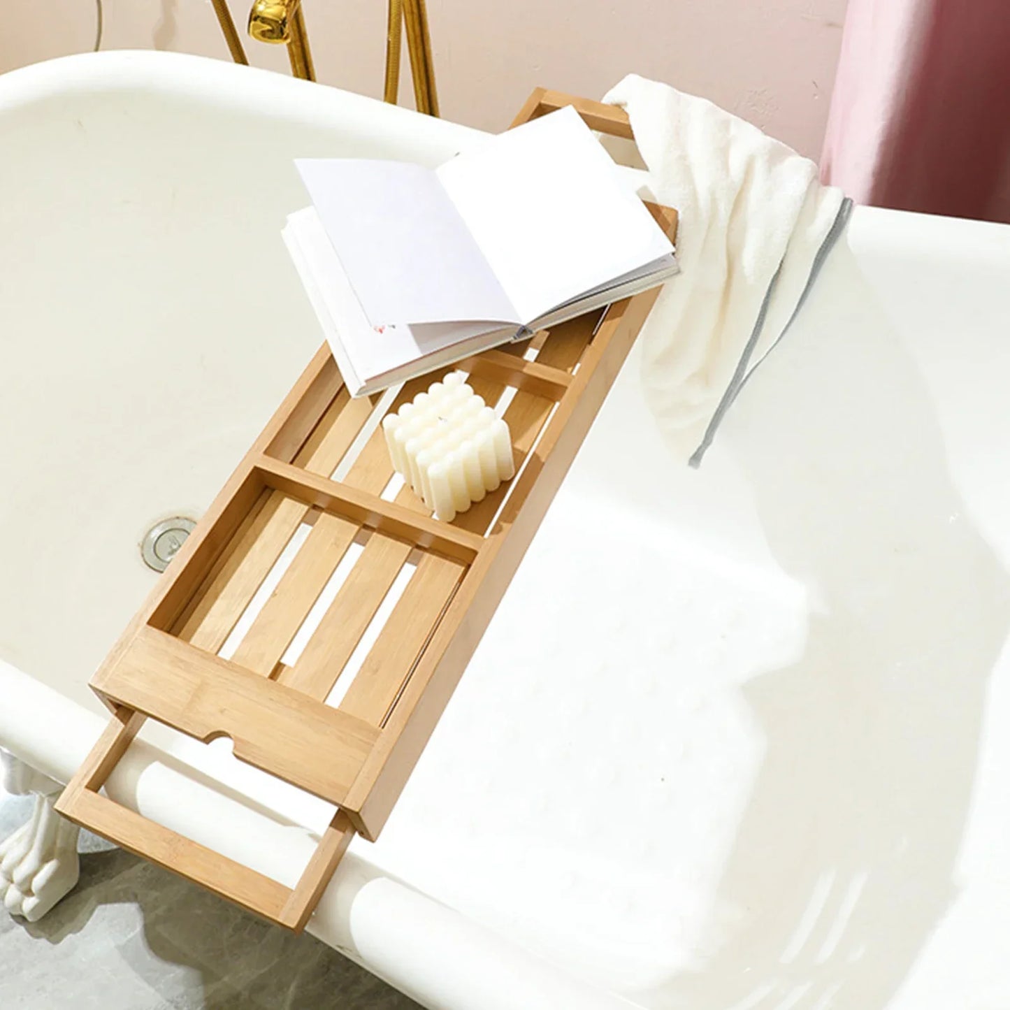 Extendable wooden bathtub tray