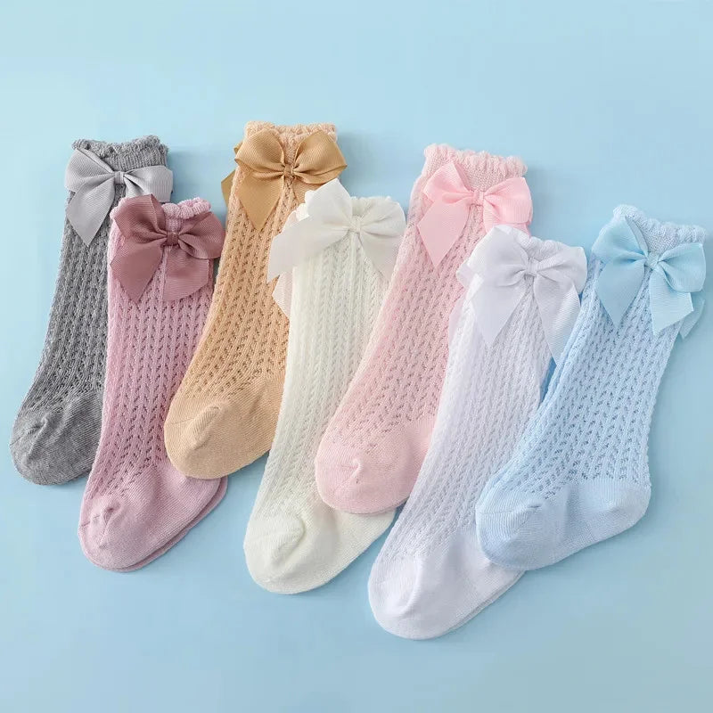 Chaussettes hautes pour bébé fille en coton, nœud et dentelle – 0 à 24 mois