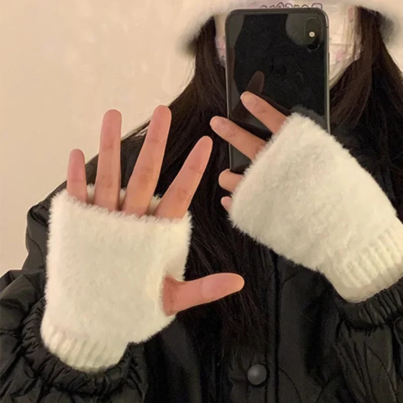 Mink fleece half-finger gloves