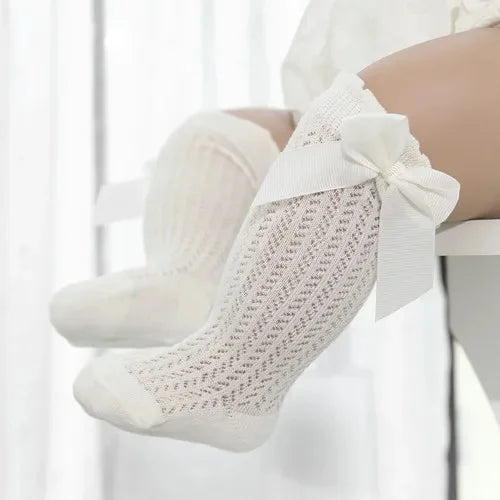 Chaussettes hautes pour bébé fille en coton, nœud et dentelle – 0 à 24 mois