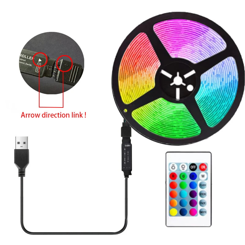 5M Multicolor RGB LED Strip with Remote Control and USB Power Supply