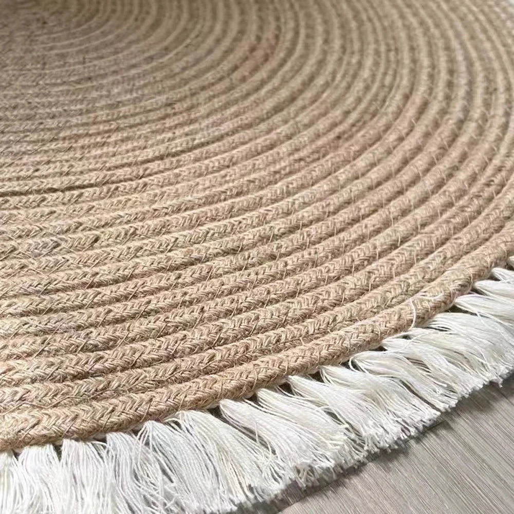 Round woven cotton rug with fringes, Nordic vintage style