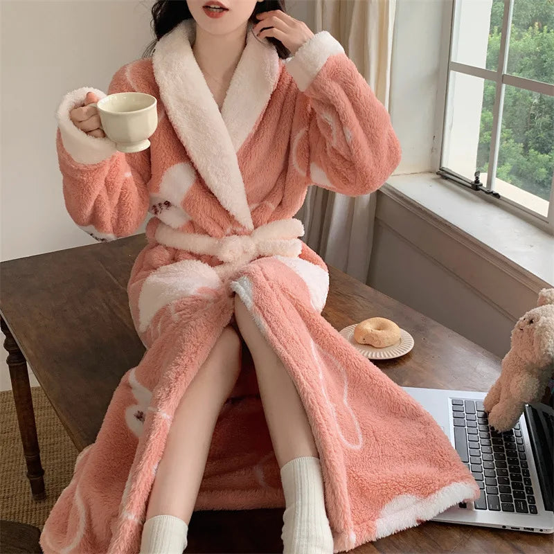 Warm coral fleece dressing gown