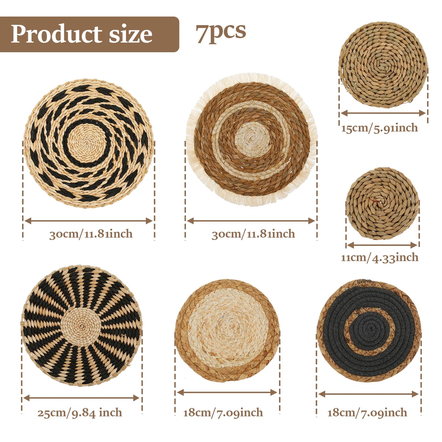 Décorations murales rondes bohèmes en fibres naturelles – lot de 7-9