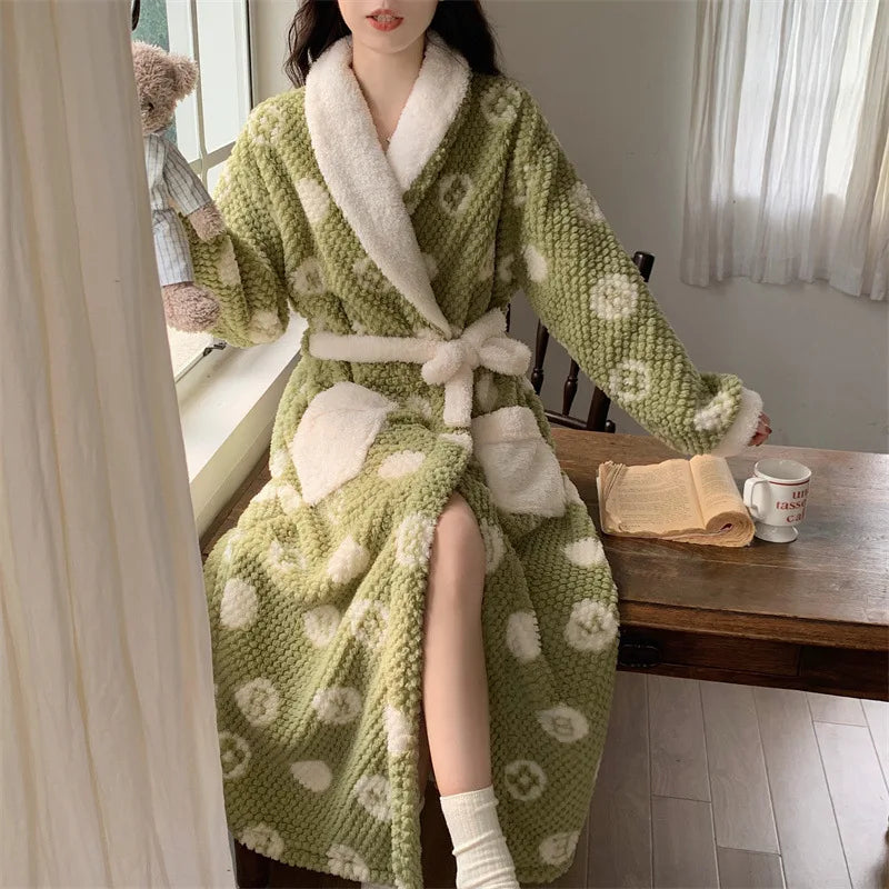 Warm coral fleece dressing gown