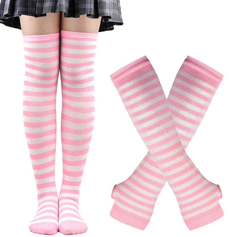 High socks and long mittens, plain or striped