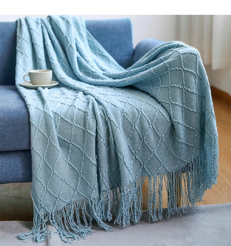 Nordic style knitted sofa throw with fringes