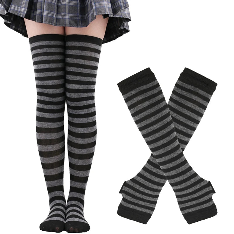 High socks and long mittens, plain or striped