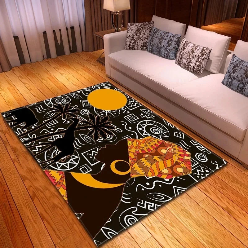 Ethnic bohemian rug with African woman pattern