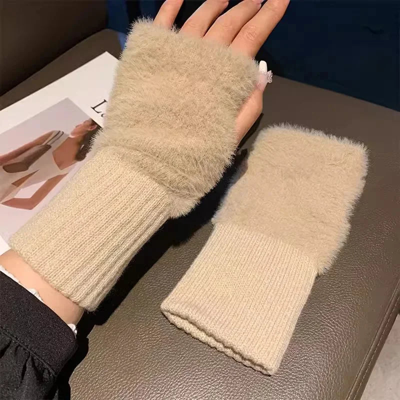 Mink fleece half-finger gloves