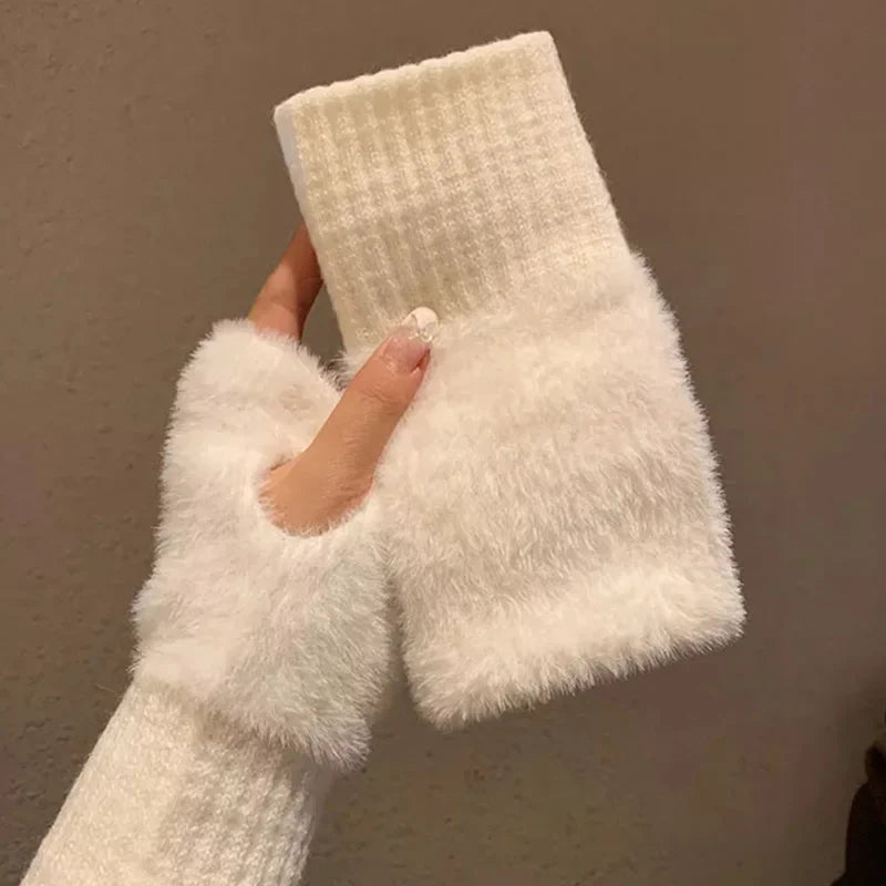 Mink fleece half-finger gloves